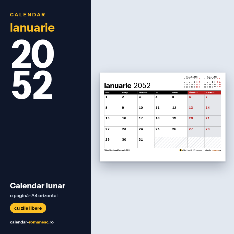 Calendar Ianuarie 2052 de imprimat