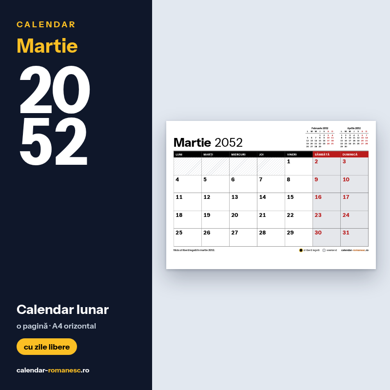Calendar Martie 2052 de imprimat