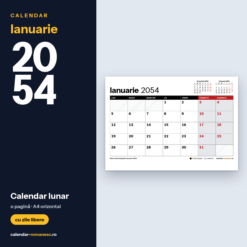 Calendar Ianuarie 2054 de imprimat