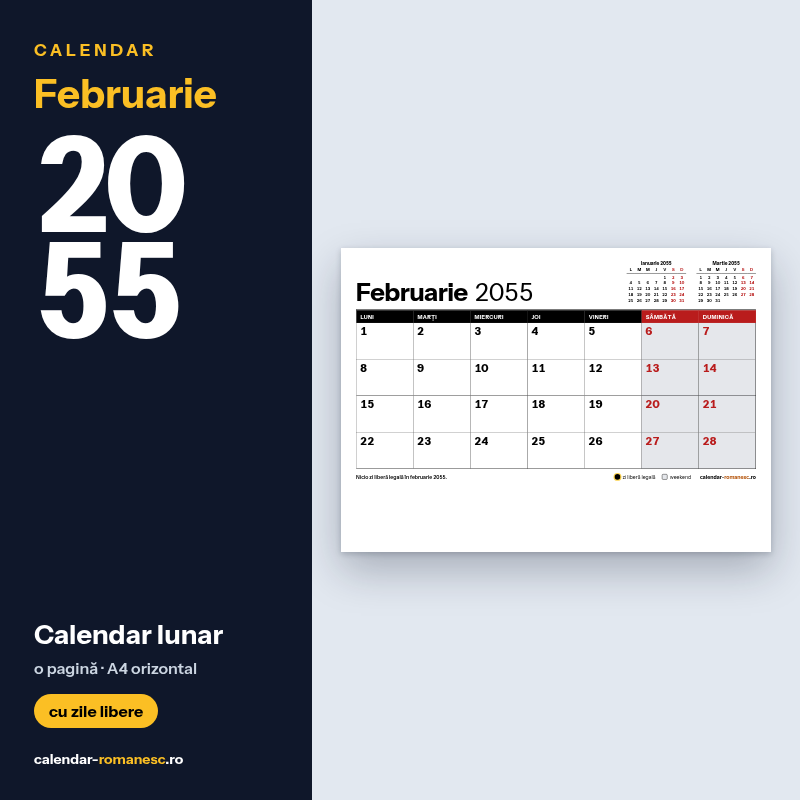 Calendar Februarie 2055 de imprimat