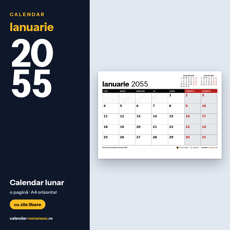 Calendar Ianuarie 2055 de imprimat