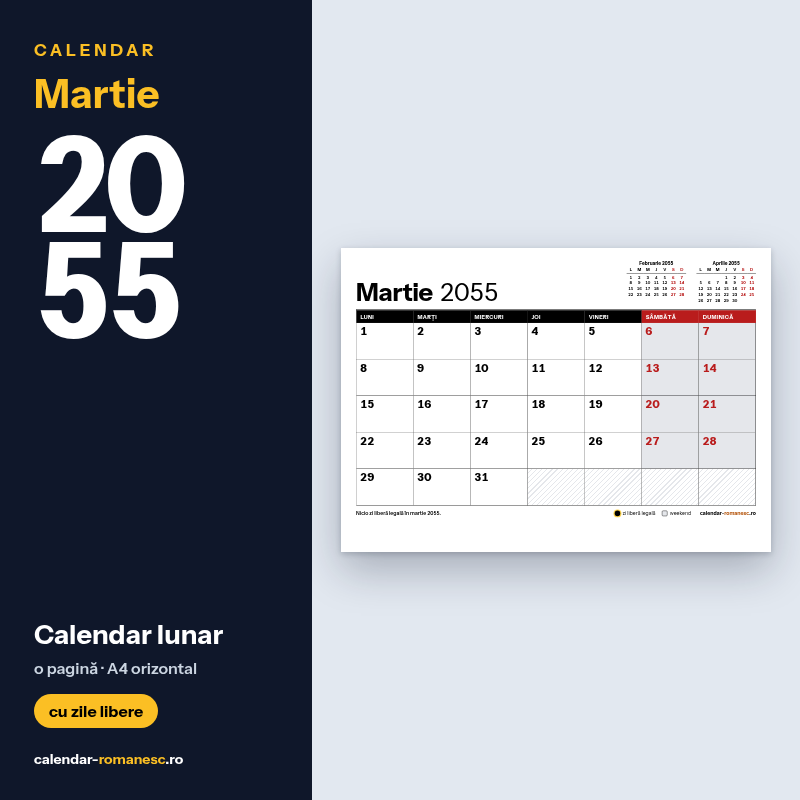 Calendar Martie 2055 de imprimat