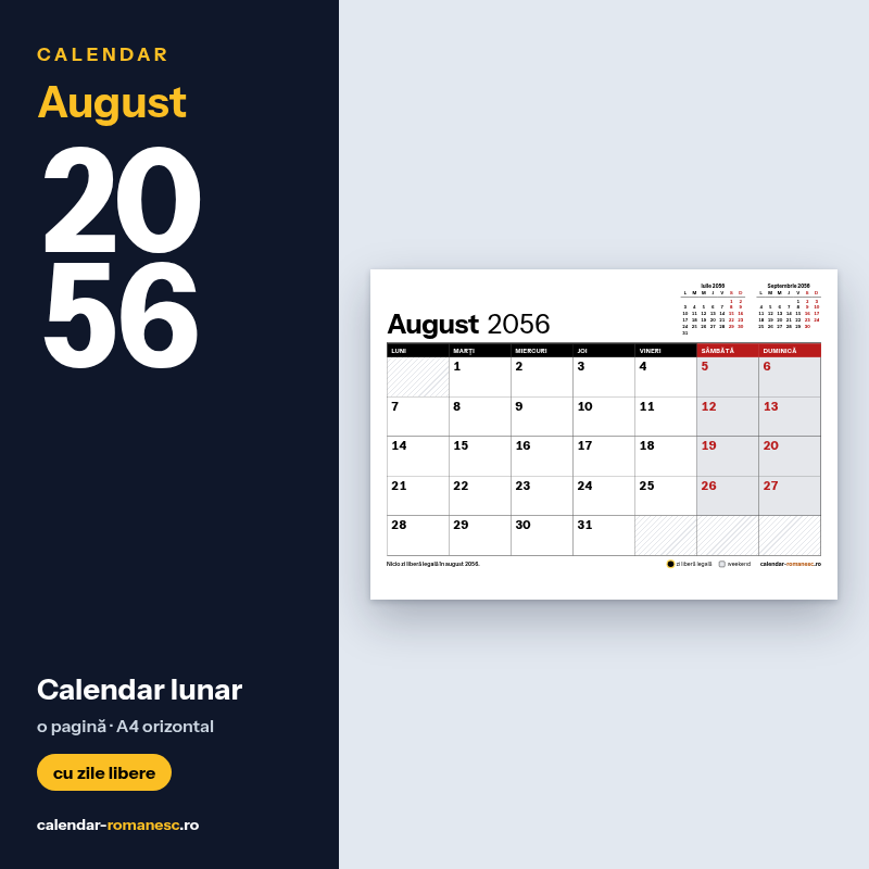 Calendar August 2056 de imprimat