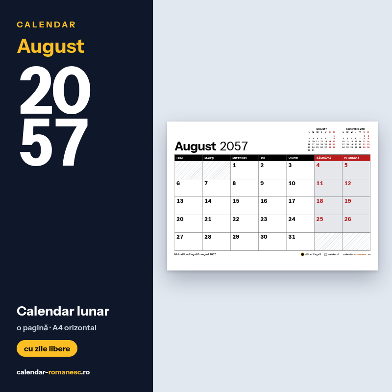 Calendar August 2057 de imprimat