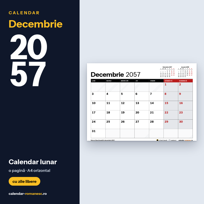 Calendar Decembrie 2057 de imprimat