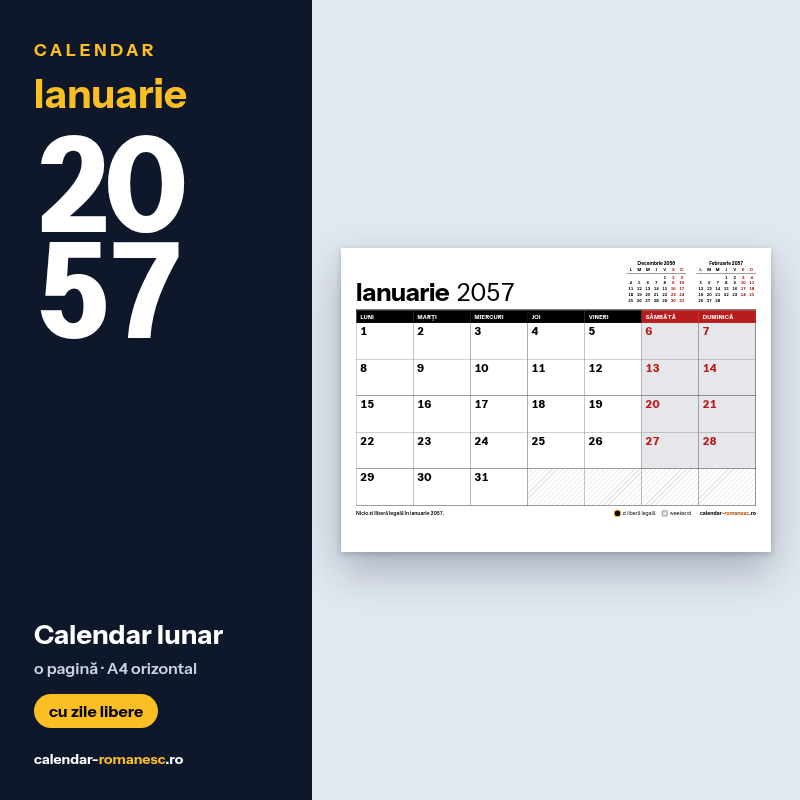 Calendar Ianuarie 2057 de imprimat