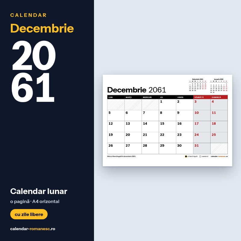 Calendar Decembrie 2061 de imprimat