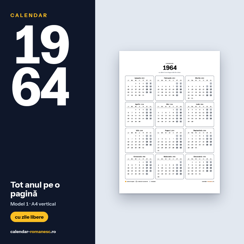Calendar 1964 cu zilele libere, de imprimat