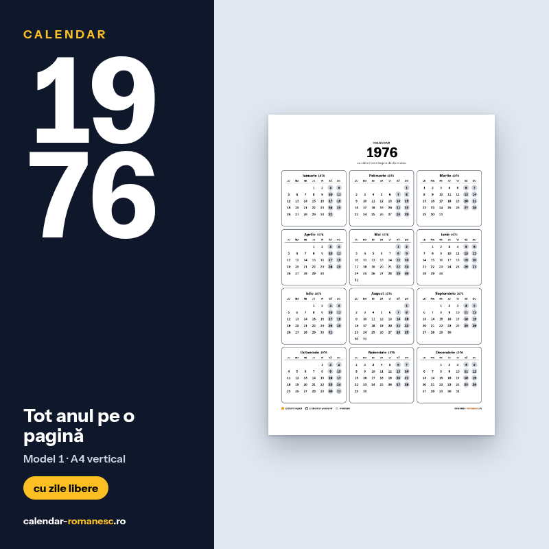 Calendar 1976 cu zilele libere, de imprimat