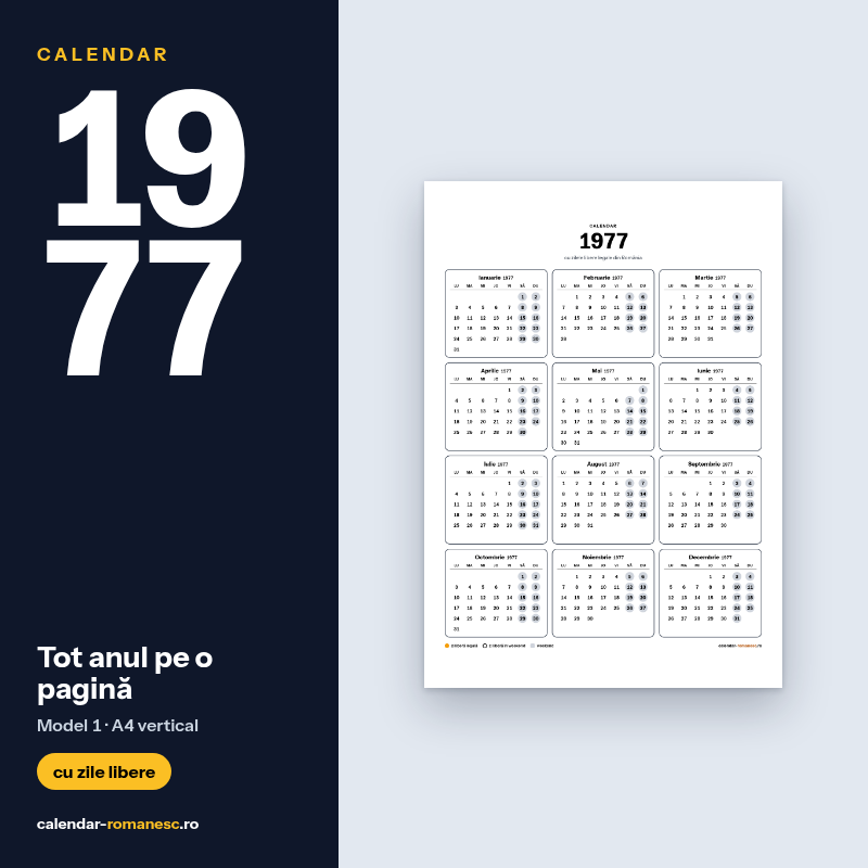 Calendar 1977 cu zilele libere, de imprimat