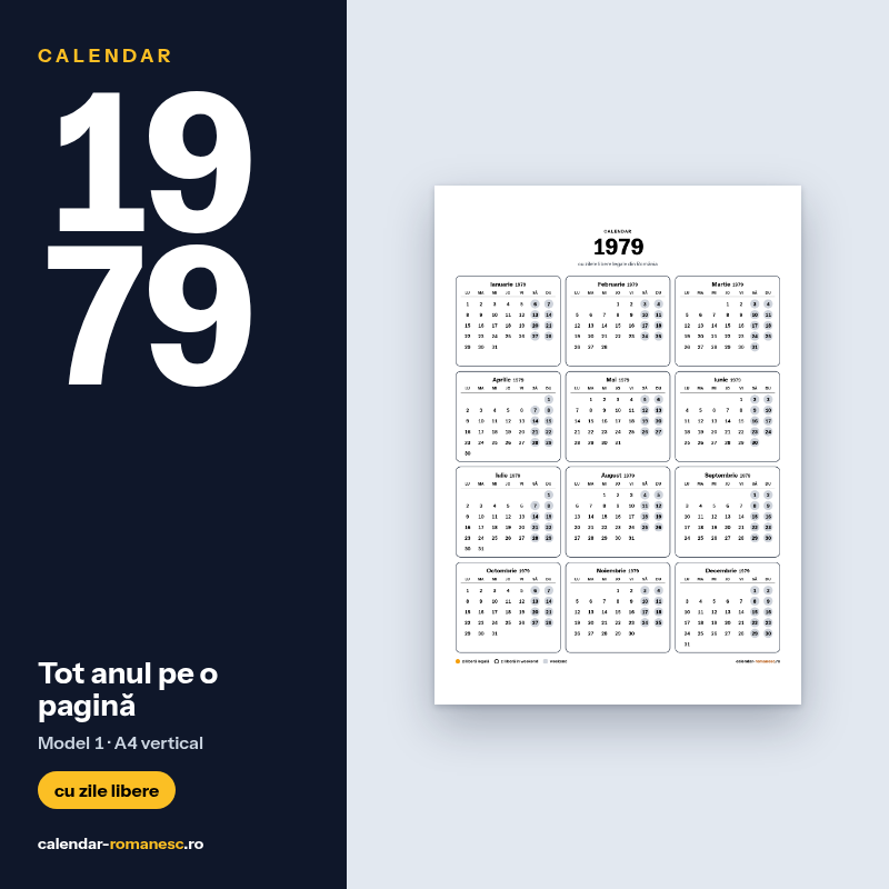 Calendar 1979 cu zilele libere, de imprimat