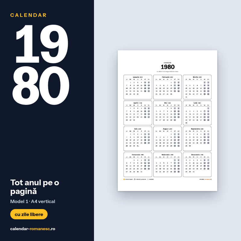 Calendar 1980 cu zilele libere, de imprimat