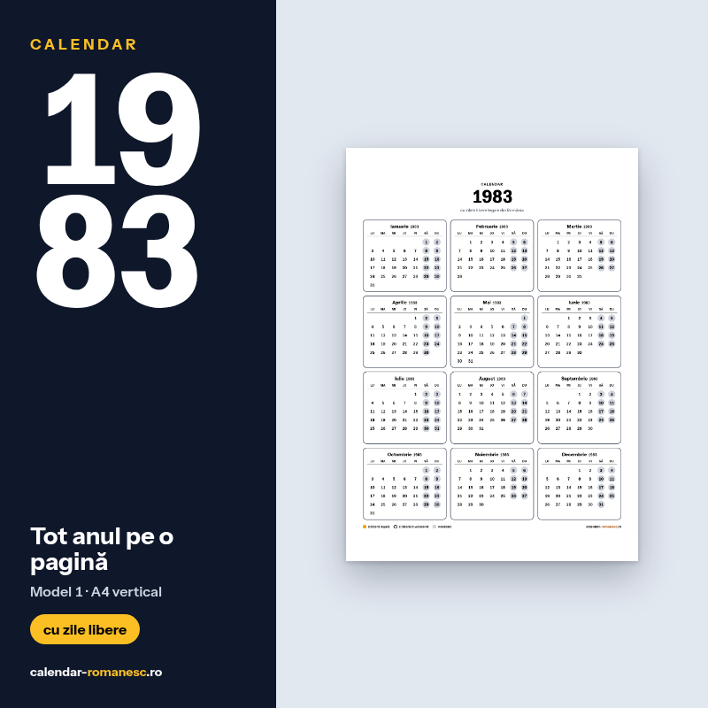 Calendar 1983 cu zilele libere, de imprimat