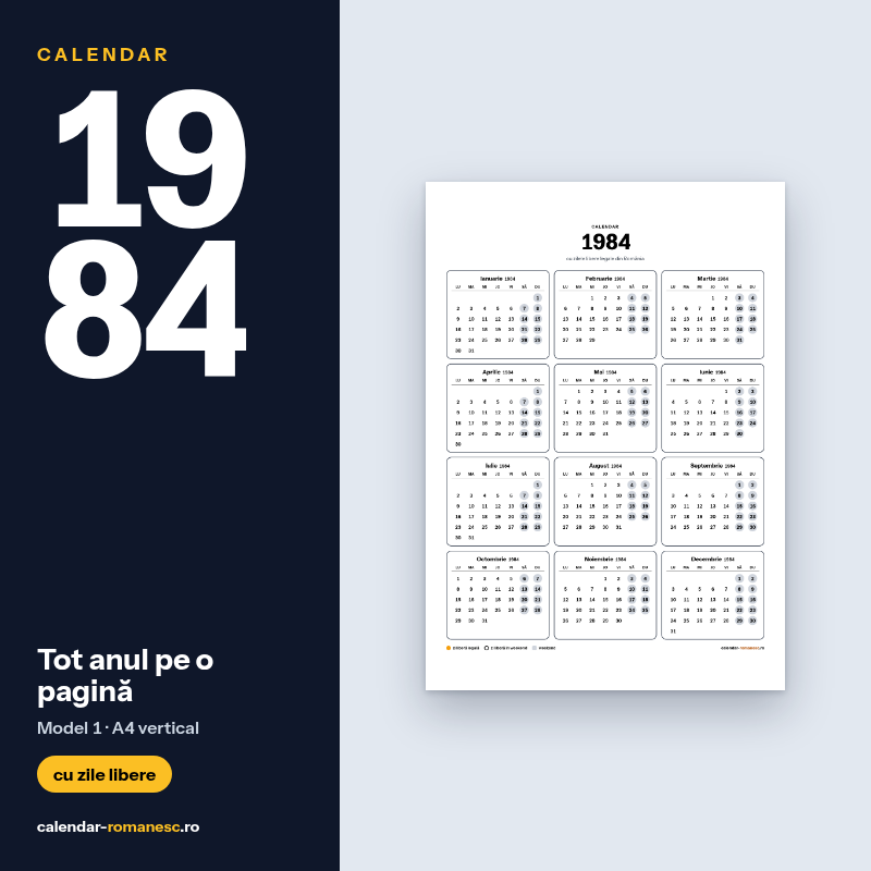 Calendar 1984 cu zilele libere, de imprimat