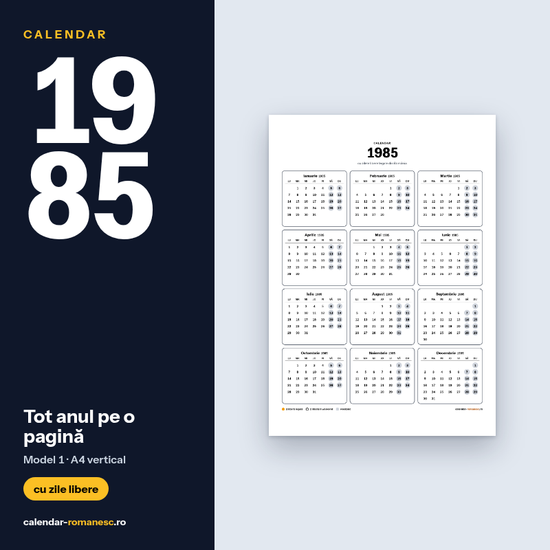Calendar 1985 cu zilele libere, de imprimat