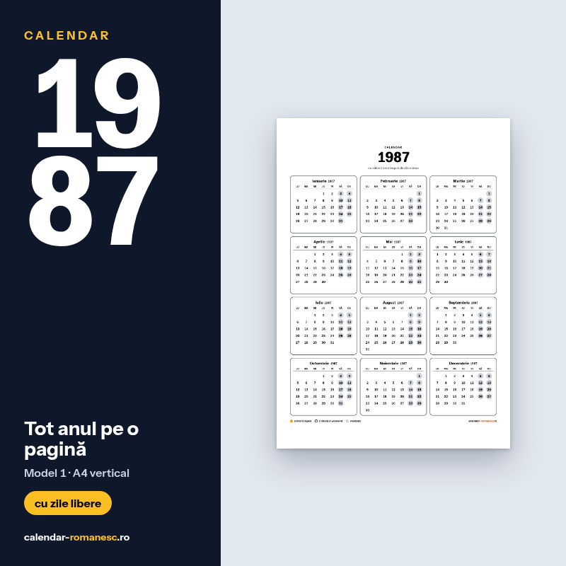 Calendar 1987 cu zilele libere, de imprimat