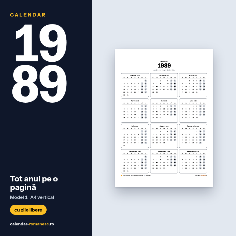 Calendar 1989 cu zilele libere, de imprimat