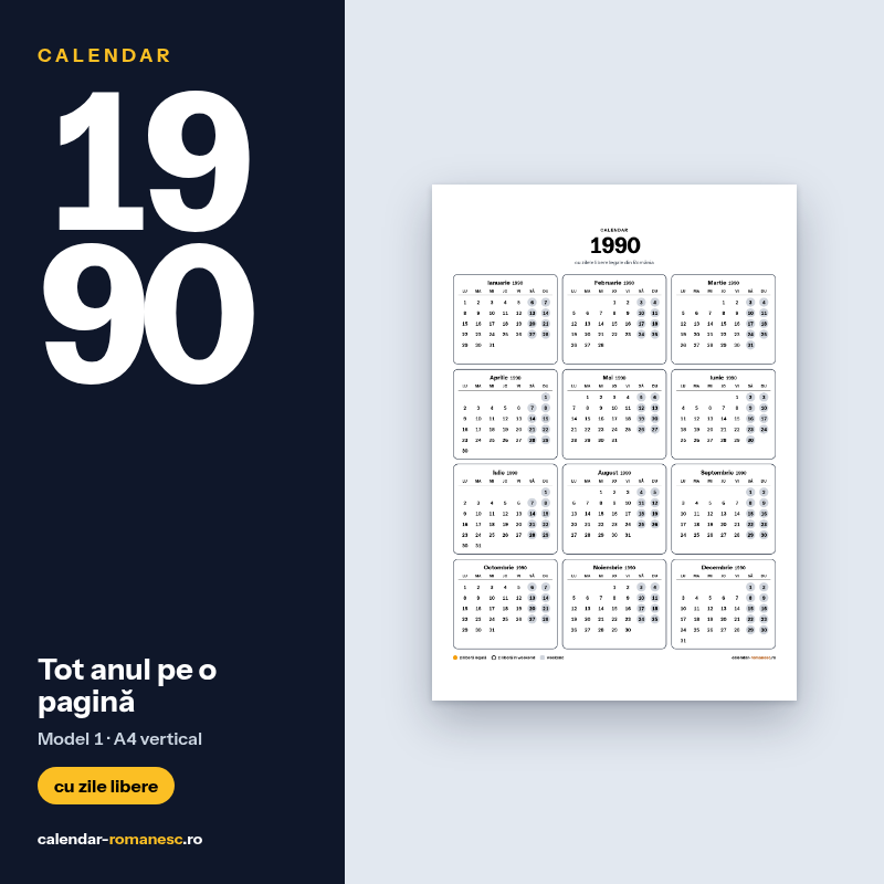 Calendar 1990 cu zilele libere, de imprimat