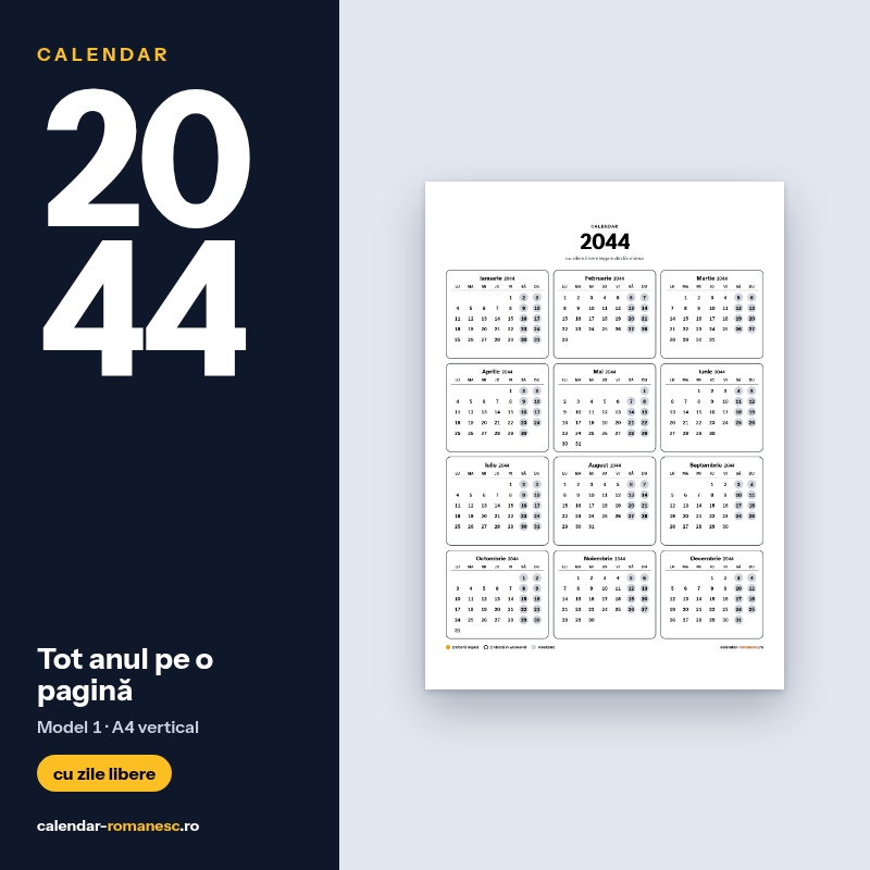 Calendar 2044 cu zilele libere, de imprimat